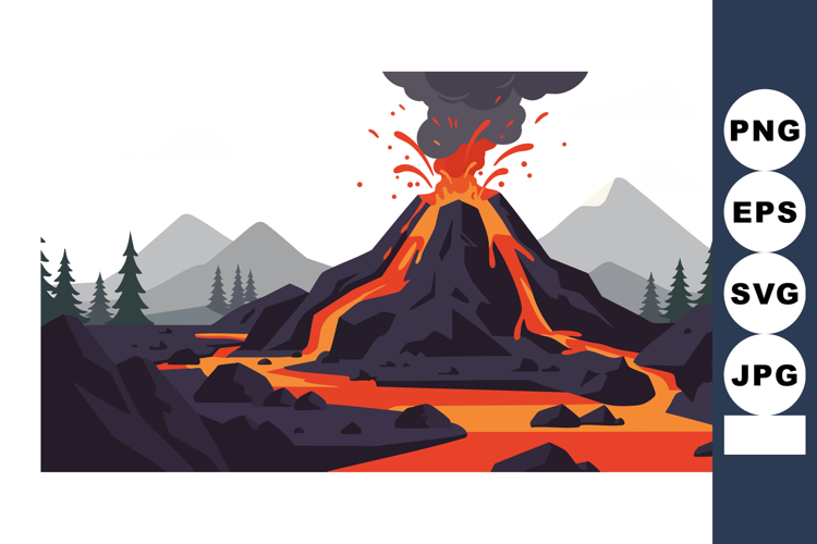 Volcano erupting with flowing lava and mountain landscape ve