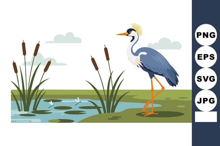 Great blue heron standing near pond with cattails in natural example image 1