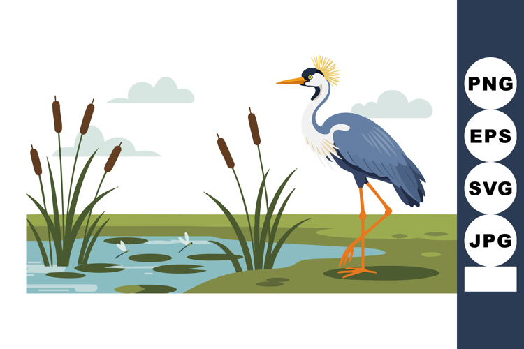 Great blue heron standing near pond with cattails in natural