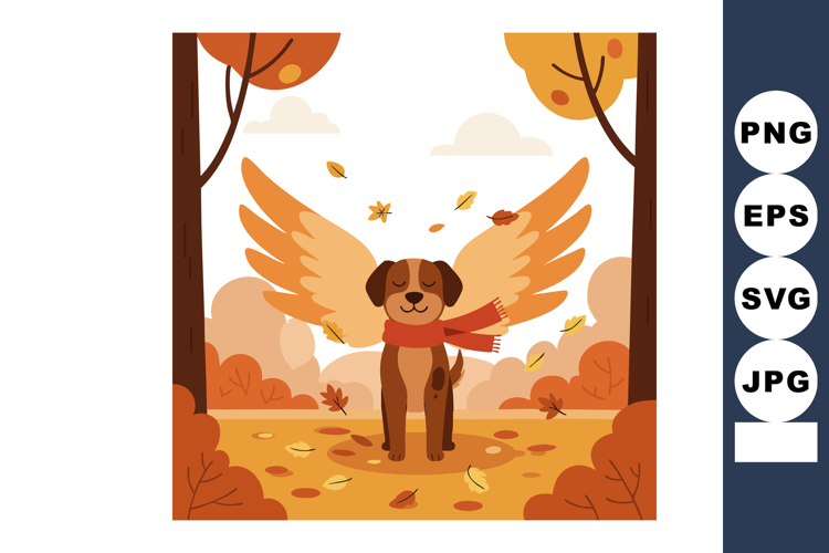 Dog with Angel Wings Wearing Scarf in Autumn Forest Landscap