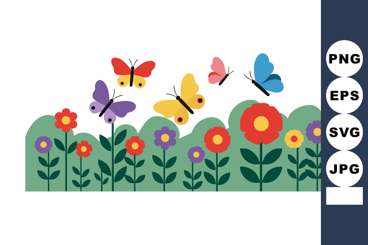 Colorful butterflies flying above red and purple flowers in