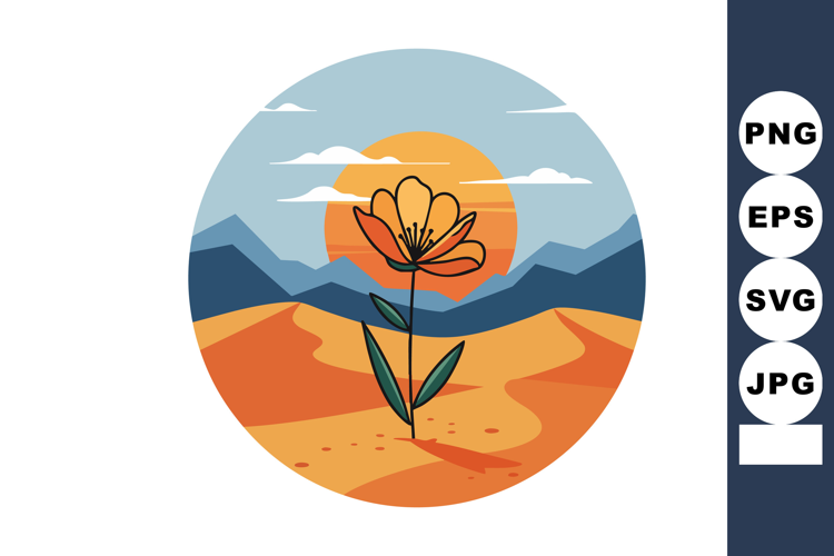 Single flower blooming in desert landscape with mountains an