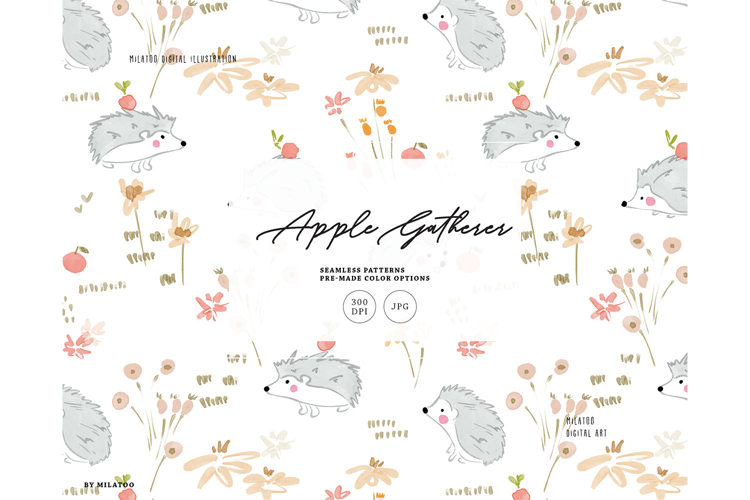 Apple gatherer hedgehog fall seamless pattern nursery kids