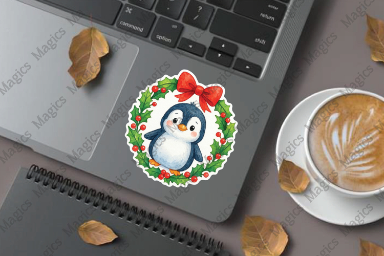 Penguin with Holly Wreath png stickers