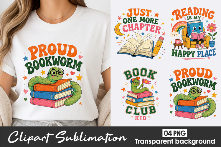 Cute Bookworm Clipart Sublimation PNG