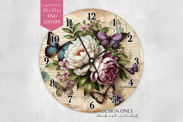 Butterfly Peony Wall Clock Sublimation Design PNG