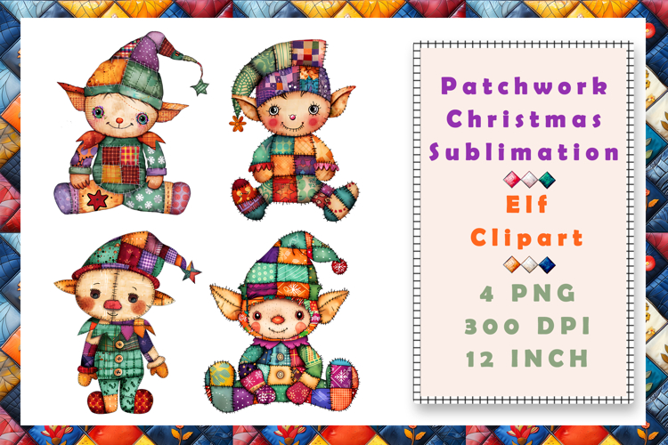 Patchwork Christmas Clipart. Elf Sublimation
