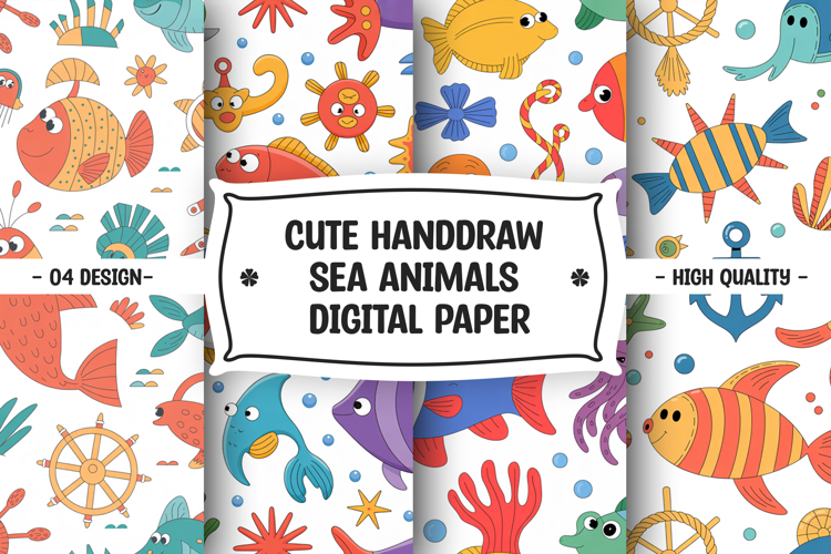 Cute hand draw sea animals digital paper