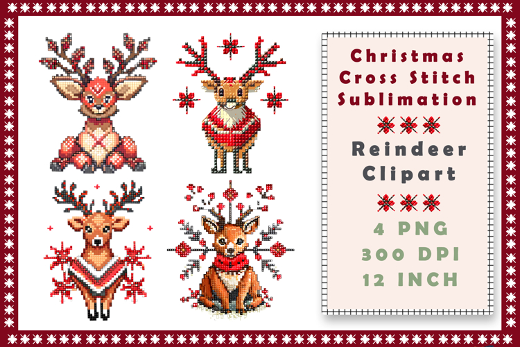 Cross Stitch Christmas Clipart. Reindeer Sublimation