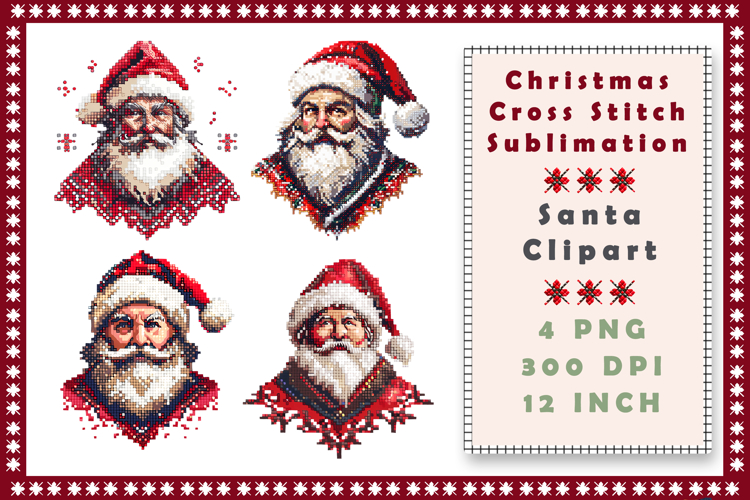 Cross Stitch Christmas Clipart. Santa Sublimation