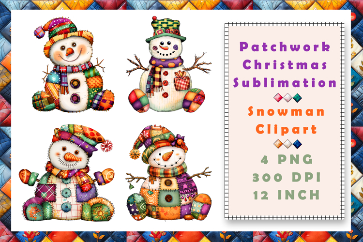 Patchwork Christmas Clipart. Snowman Sublimation