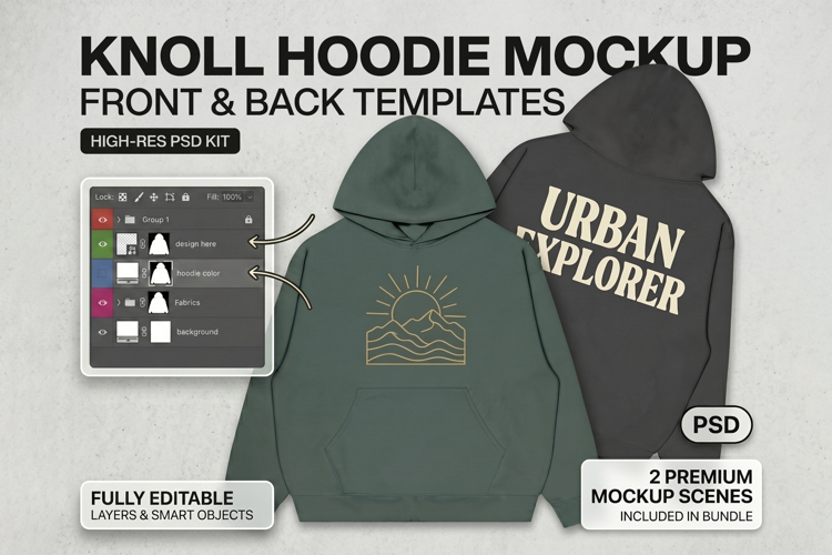 Knoll Hoodie Mockup Front Back PSD Template for Streetwear