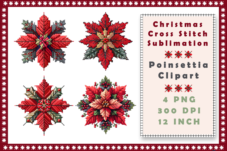 Cross Stitch Christmas Clipart. Poinsettia Sublimation