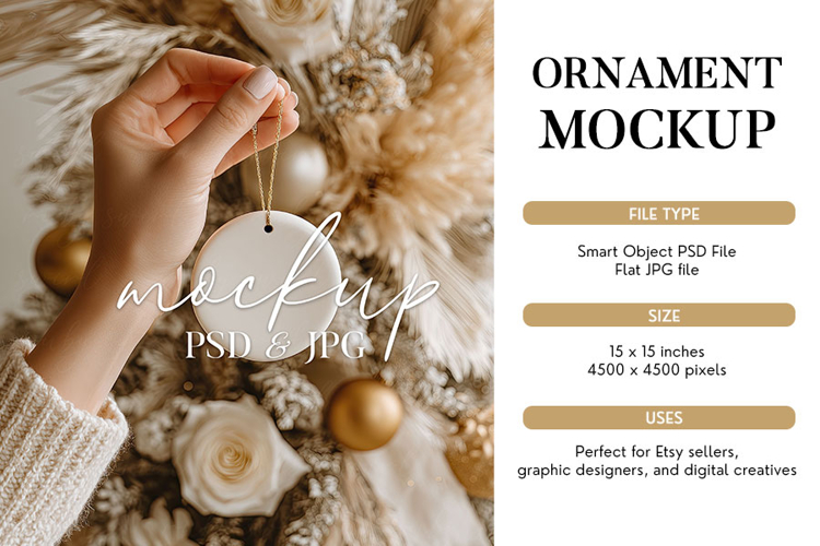 Neutral Gold Christmas Ornament Mockup with Hand PSD & JPG
