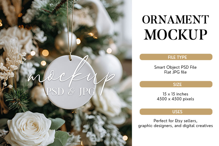 Elegant White Christmas Ornament Mockup PSD & JPG