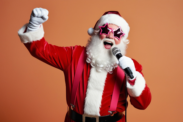 Santa Claus in sunglasses and headphones, raising arms