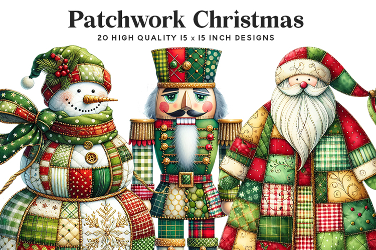 Patchwork Christmas Clipart Bundle Quilt Fabric Characters