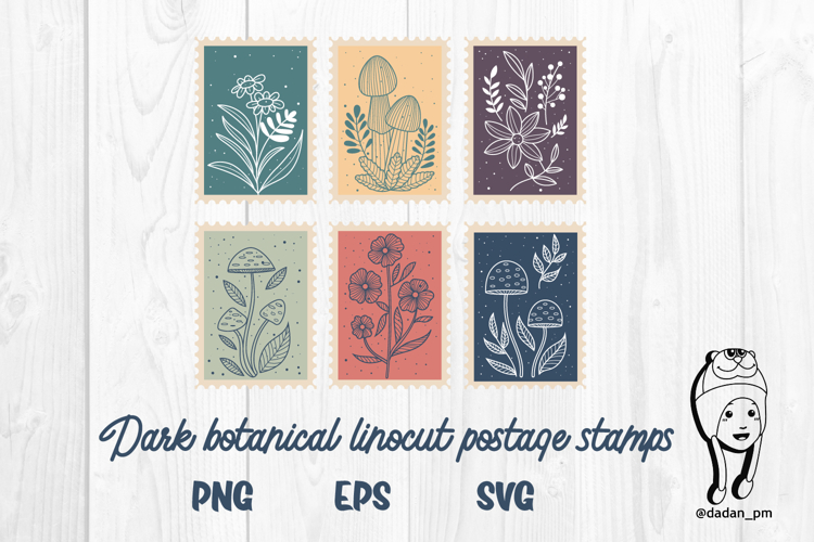 Dark botanical linocut postage stamps