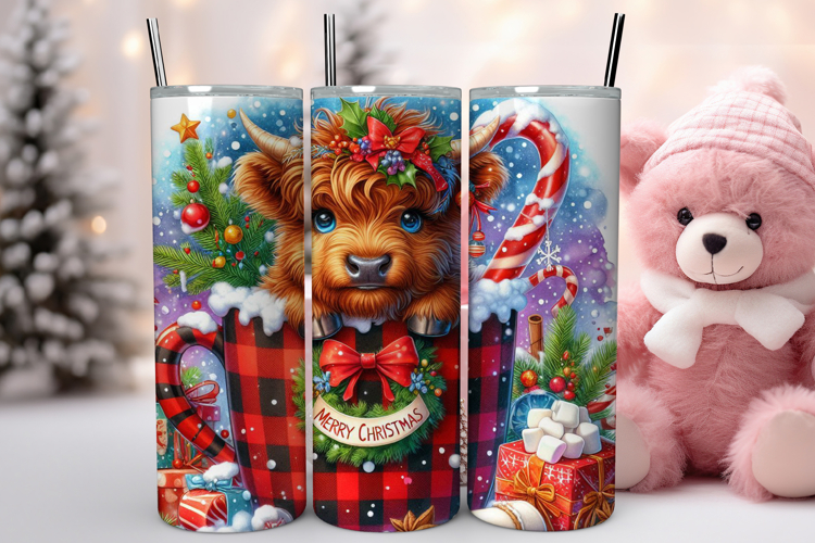 Cute Christmas Highland cow Tumbler Wrap, Christmas Tumbler