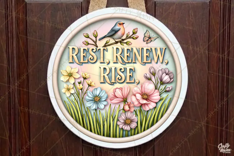 Rest Renew Rise |Retro Ceramic Round Sign PNG Designs