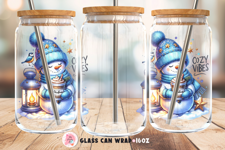 Christmas Snowman Glass 16 Oz Glass Can Wrap Png
