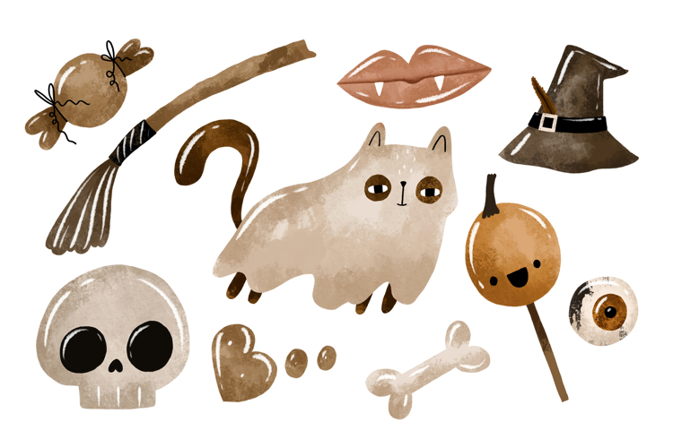 Crazy Halloween Set. Autumn Holidays. Hand Drawn Watercolor