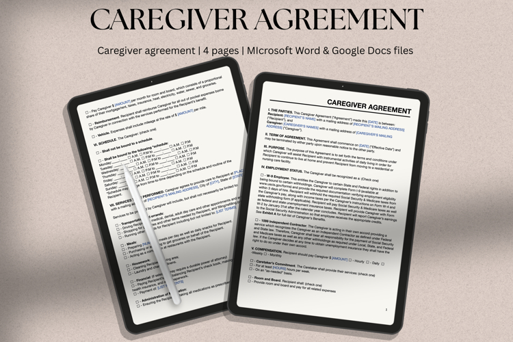 Caregiver Agreement doc simple template, MS Word editable