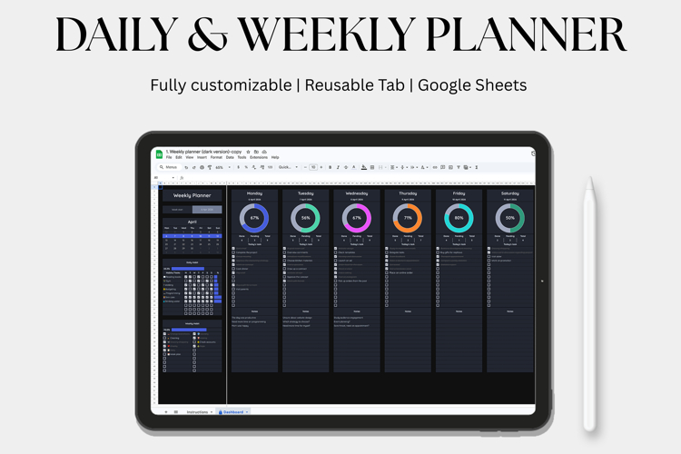Daily & Weekly planner, task, To Do List google sheets dark