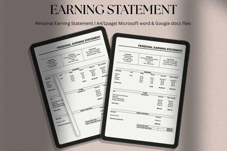 Pay stub form | Personal earning statement template | word