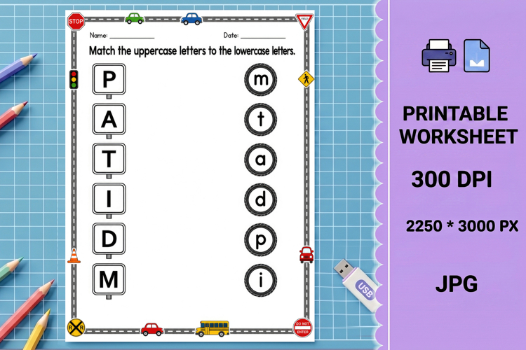 Letters Uppercase and lowercase matching printable worksheet example image 1