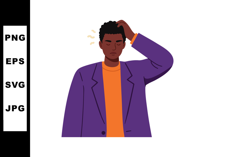 Young man scratching head in purple jacket showing confusion
