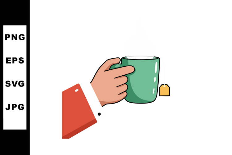 Hand Holding Green Cup with Tea Bag Illustration in Flat Sty