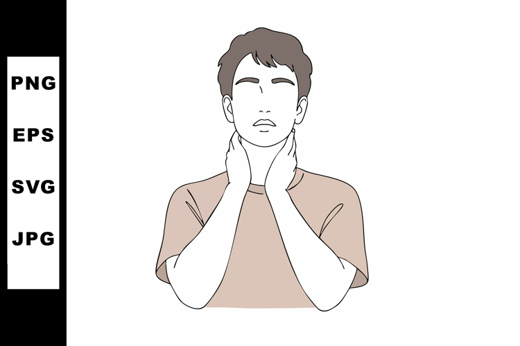Young man touching neck with both hands in minimal style vec