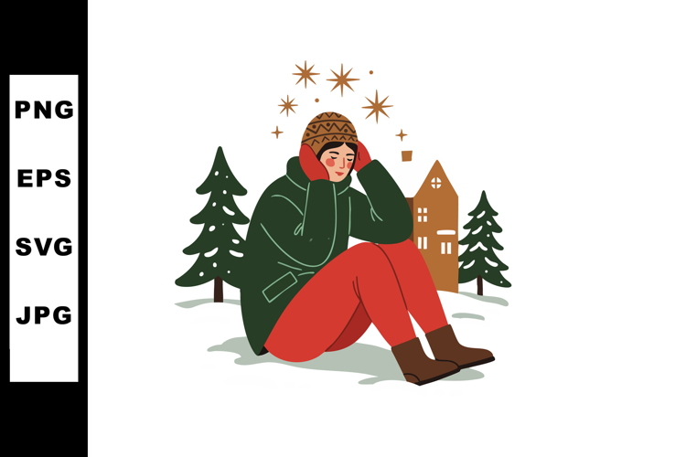 Person wearing winter clothes sitting outdoors with pine tre