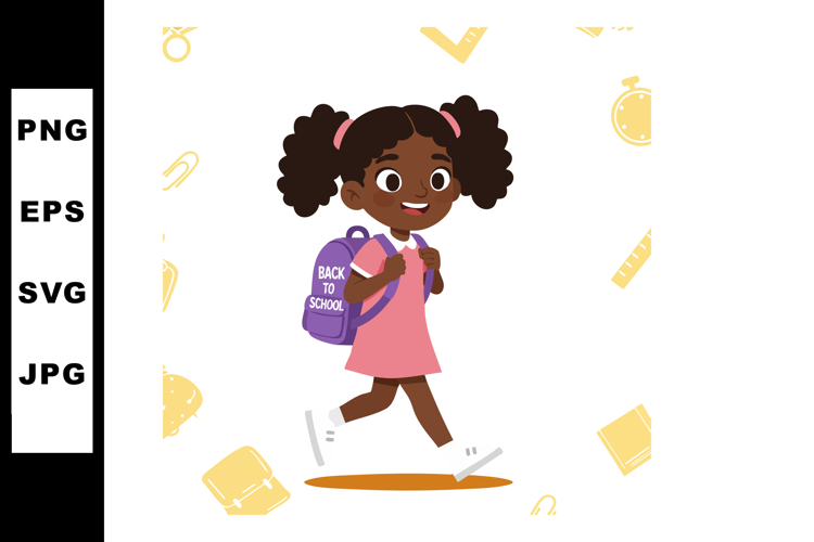 Girl walking to school with purple backpack and pink dress c