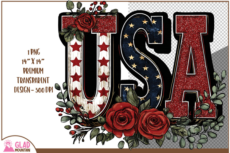 USA word art with beautiful red roses, 4th of July USA png