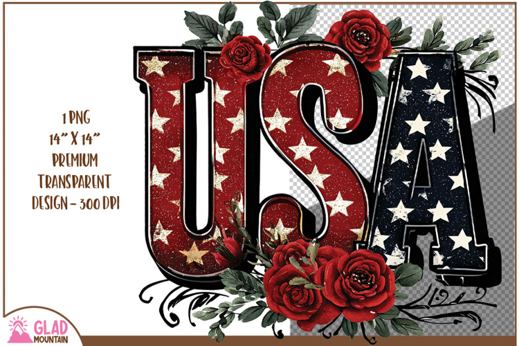 USA word art with beautiful red roses, 4th of July USA png