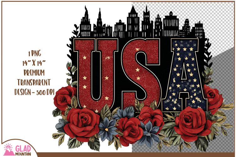 USA word art with beautiful red roses, 4th of July USA png
