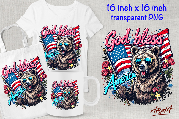 Patriotic quote God bless America, USA grizzly bear clipart
