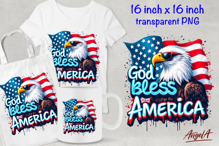 Patriotic quote God bless America, USA bald eagle clipart