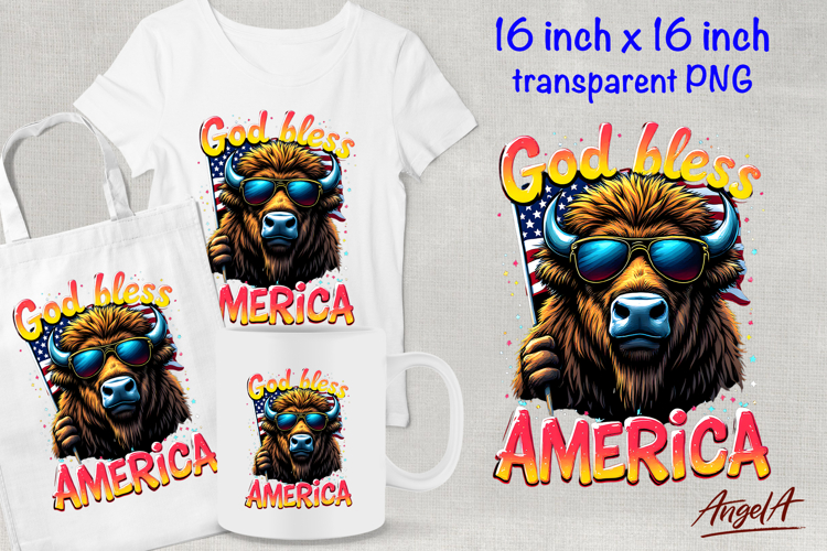 Patriotic quote God bless America, bison clipart