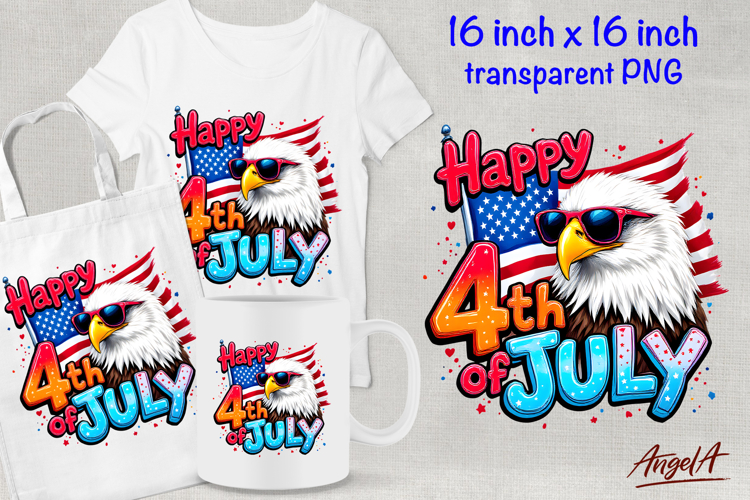 Patriotic quote Happy 4th of July, USA bald eagle clipart