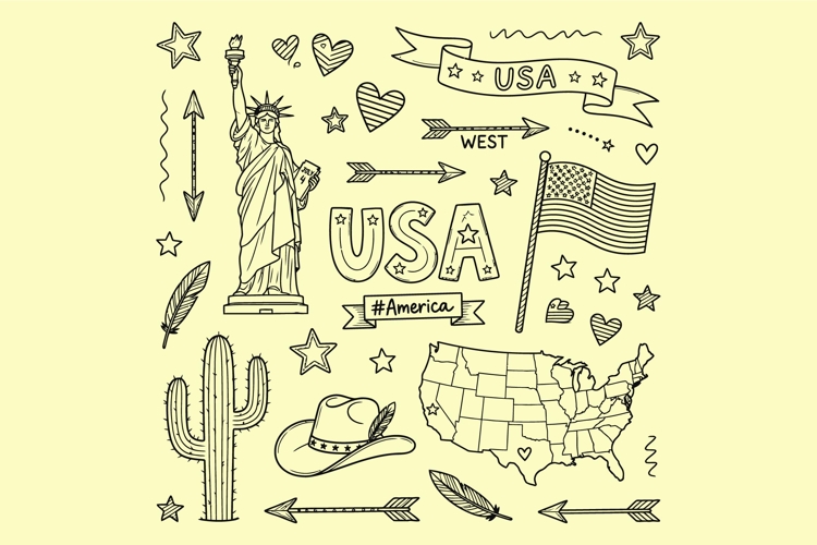 A set of hand-drawn doodles featuring American symbol elemen