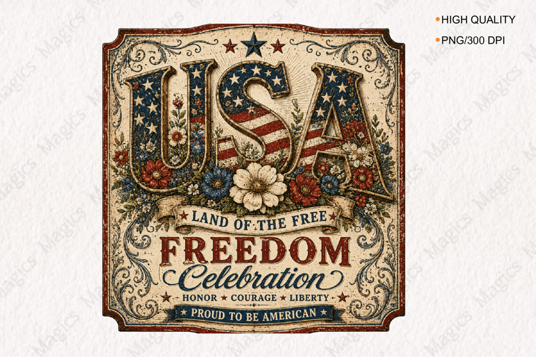 USA Freedom Celebration Vintage Americana Sign PNG