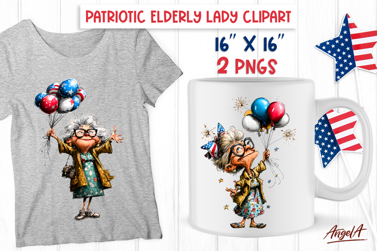 USA patriotic clipart Funny elderly lady holding balloons