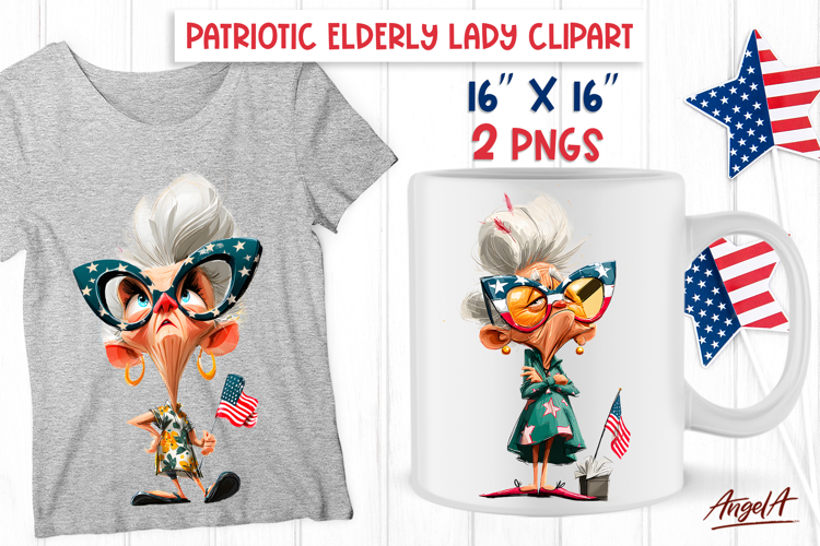 USA patriotic clipart elderly lady with USA flag Grandma PNG