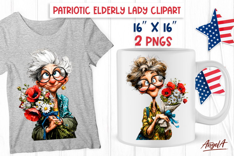 USA patriotic elderly lady clipart poppy flower bouquet PNG