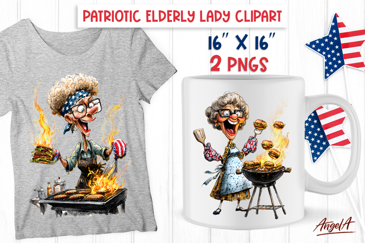 USA patriotic elderly lady 4th of July BBQ clipart