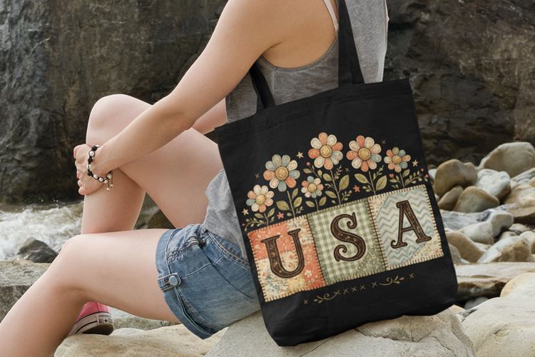 Patchwork USA with watercolor flowers, Floral USA png