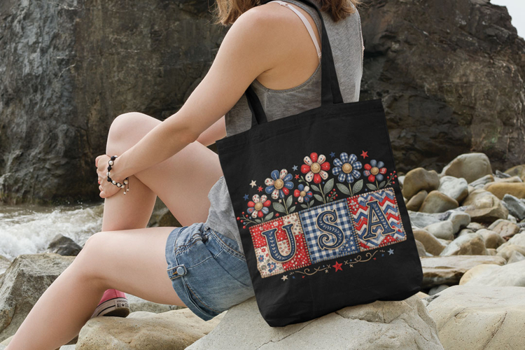 Patchwork USA with watercolor flowers, Floral USA png